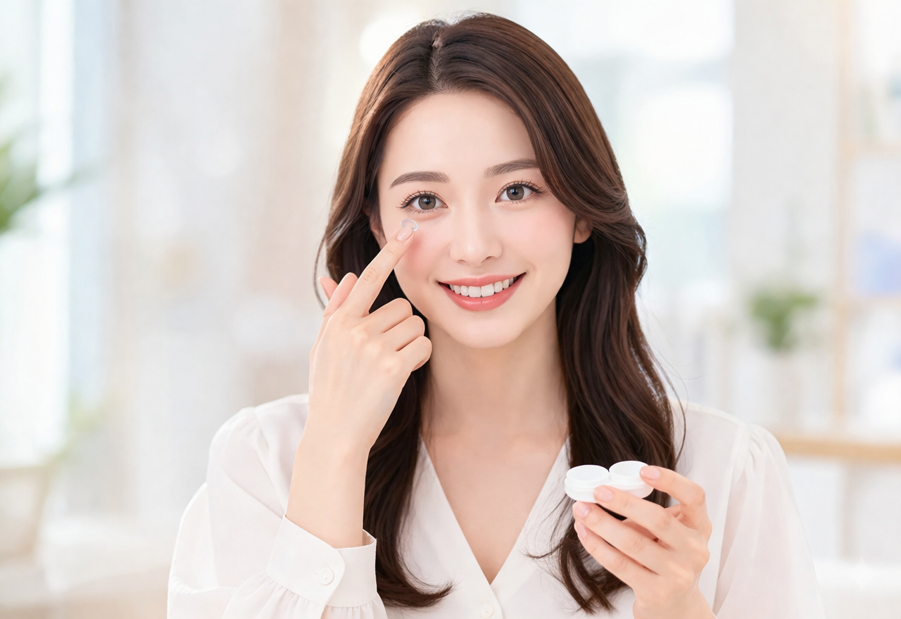 コンタクトレンズを装着する女性